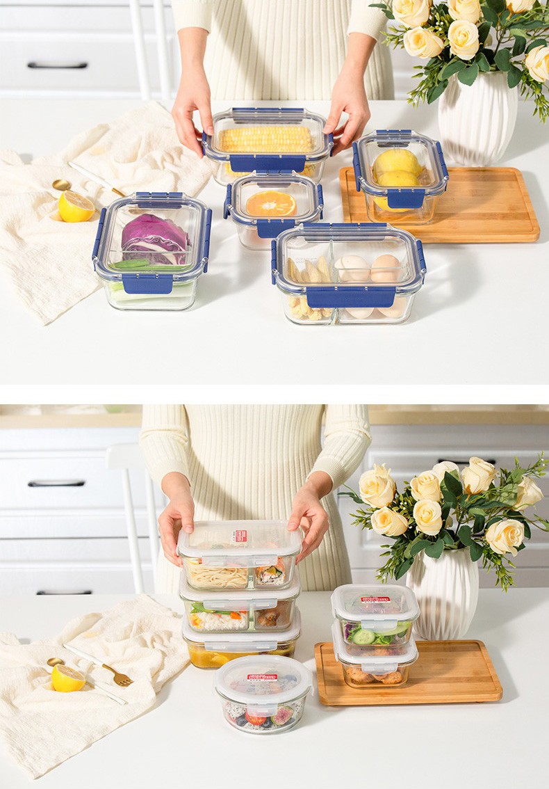 乐扣乐扣locklock玻璃饭盒微波炉加热专用便当盒分隔保鲜盒长方形两