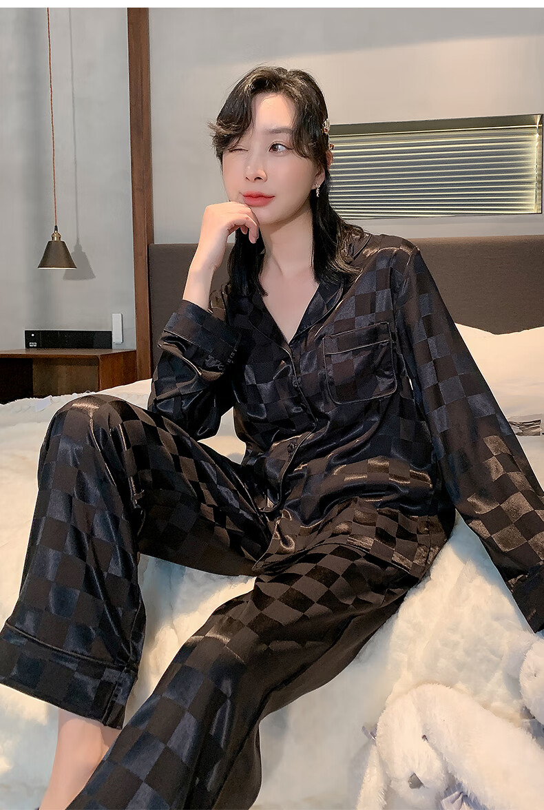 情侣睡衣春秋款仿真丝男士长袖棋盘格翻领女士冰丝家居服秋长袖丝绸暗