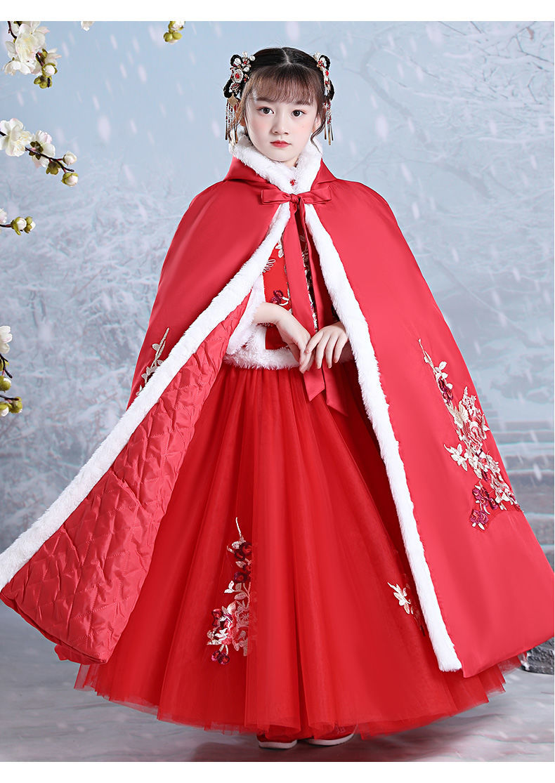 儿童古装元旦女生仙女裙唐装改良汉服女秋冬款红色2021新款中国风裙子