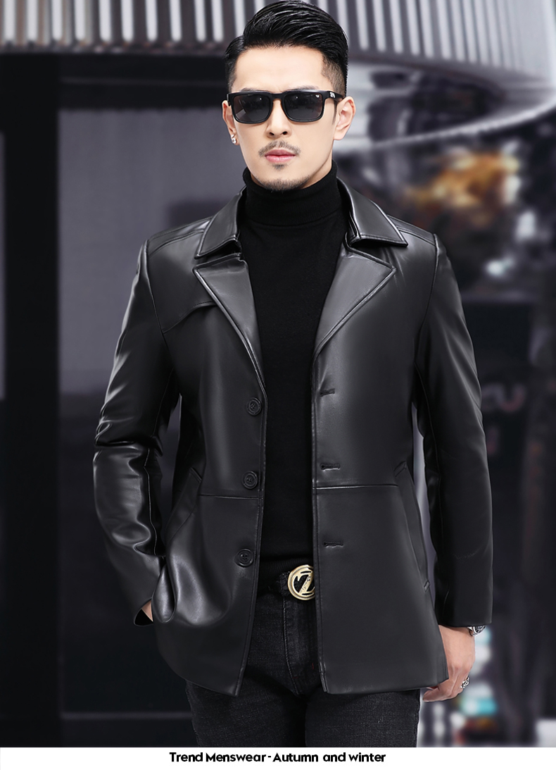 秋冬海宁皮衣绵羊皮西服领外套中年男士皮夹克休闲中长款品牌男装