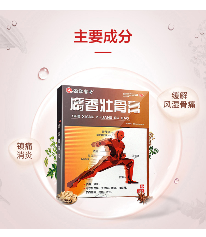 仁和中方 麝香壮骨膏 6贴/盒 镇痛消炎 用于风湿痛关节痛腰痛神经痛