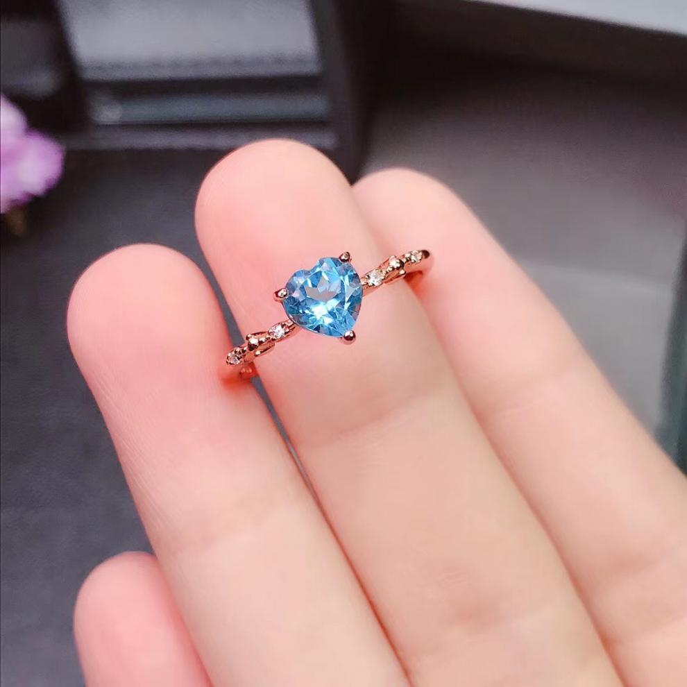 蓝托帕石戒子女戒指925银多层时尚新款礼心形 白银色托帕石戒指【图片