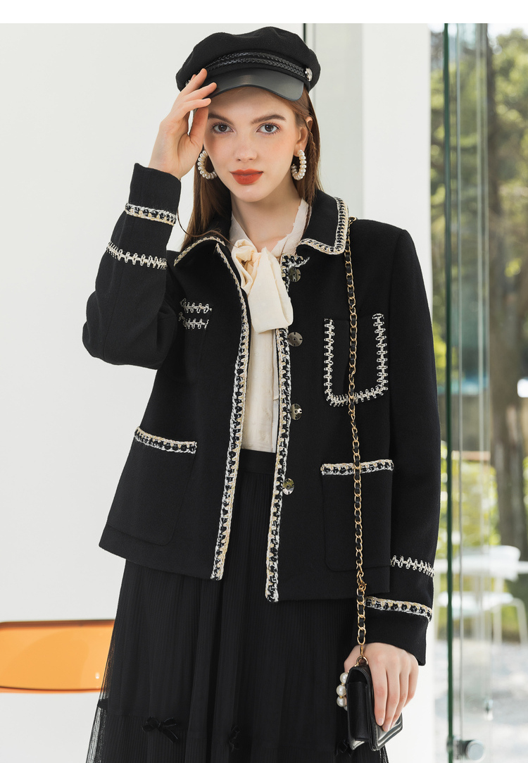 lagogo拉谷谷2021年冬季新款复古小香风翻领大衣女纯色外套小个子kcdd