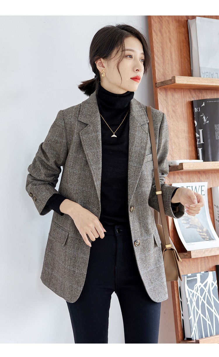 卡丝拉狄cathyladi羊毛西装职业外套女秋冬短款韩国修身显瘦复古格子