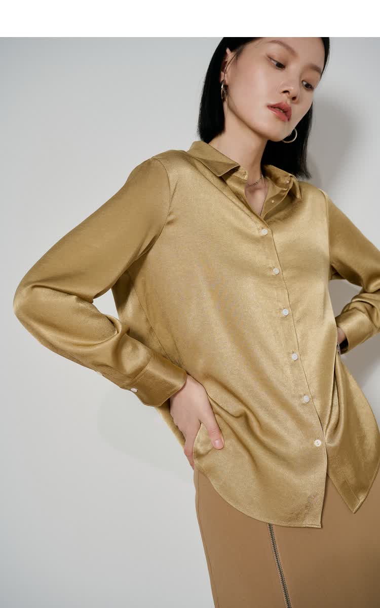 初棉流金岁月 法式缎面衬衫小众丝绸感长袖衬衫女气质通勤衬衣 香槟棕