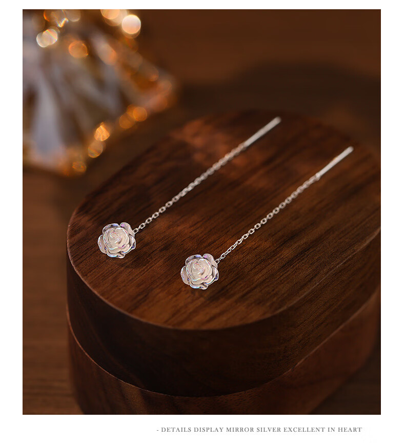 Dijing Iridescent Rose Earrings for Women, Silver Studs with Elegant Long Tassel Earrings, Birthday Gift for Girlfriend 5