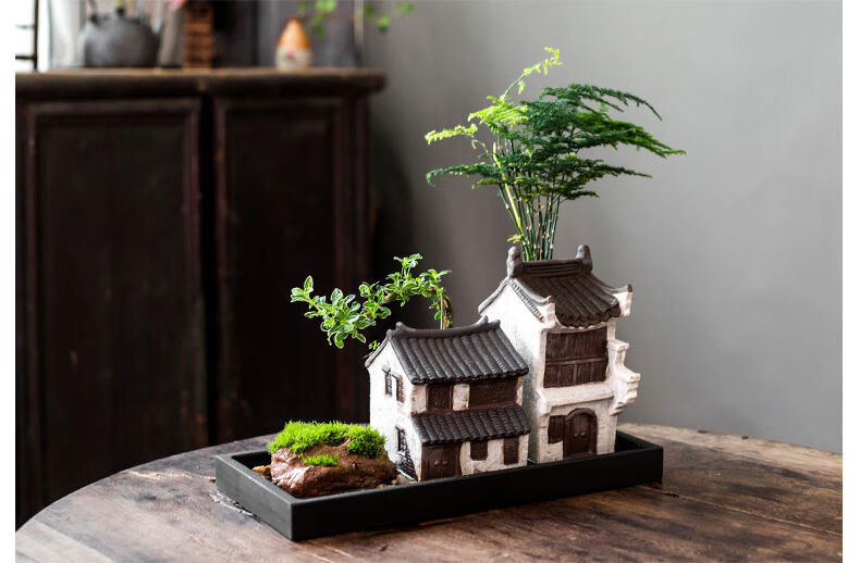 鲲煊中式禅意微景观创意绿植盆景新中式徽派复古花盆陶瓷鱼缸造景装饰