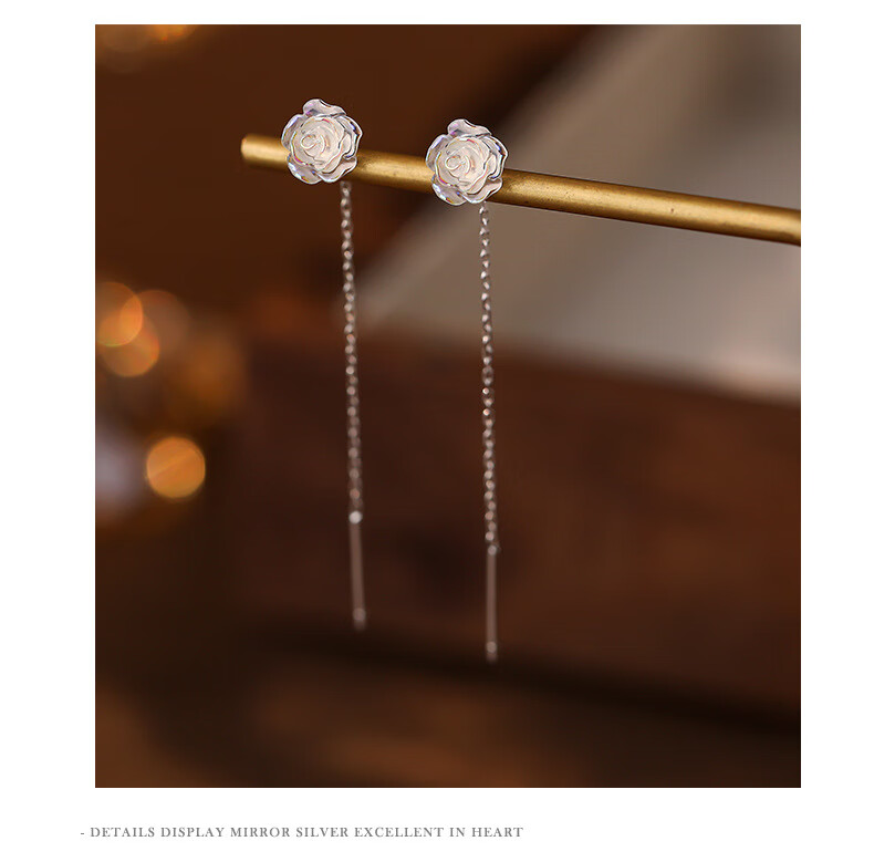 Dijing Iridescent Rose Earrings for Women, Silver Studs with Elegant Long Tassel Earrings, Birthday Gift for Girlfriend 9