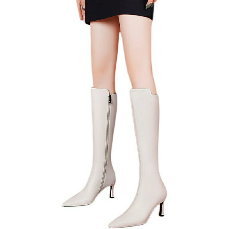 长筒靴2021新款秋白色长靴女增高软皮高筒骑士靴亮皮高跟长筒女靴子米