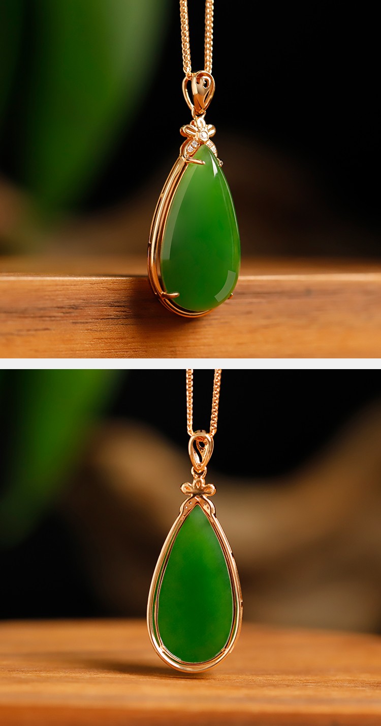 微韵和田玉碧玉吊坠18k金镶玉菠菜绿水滴形坠子俄罗斯老坑料项链玉坠