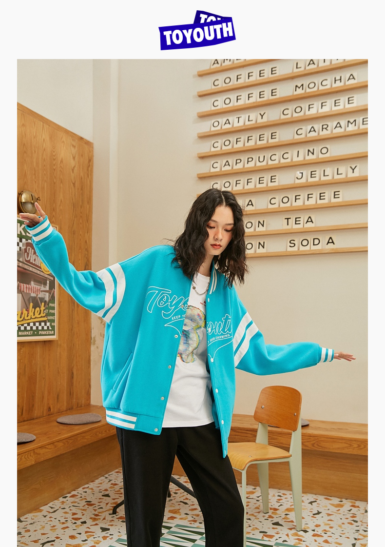 棒球服外套女2021秋冬新款加绒加厚字母印花条纹休闲夹克上衣 青色 l