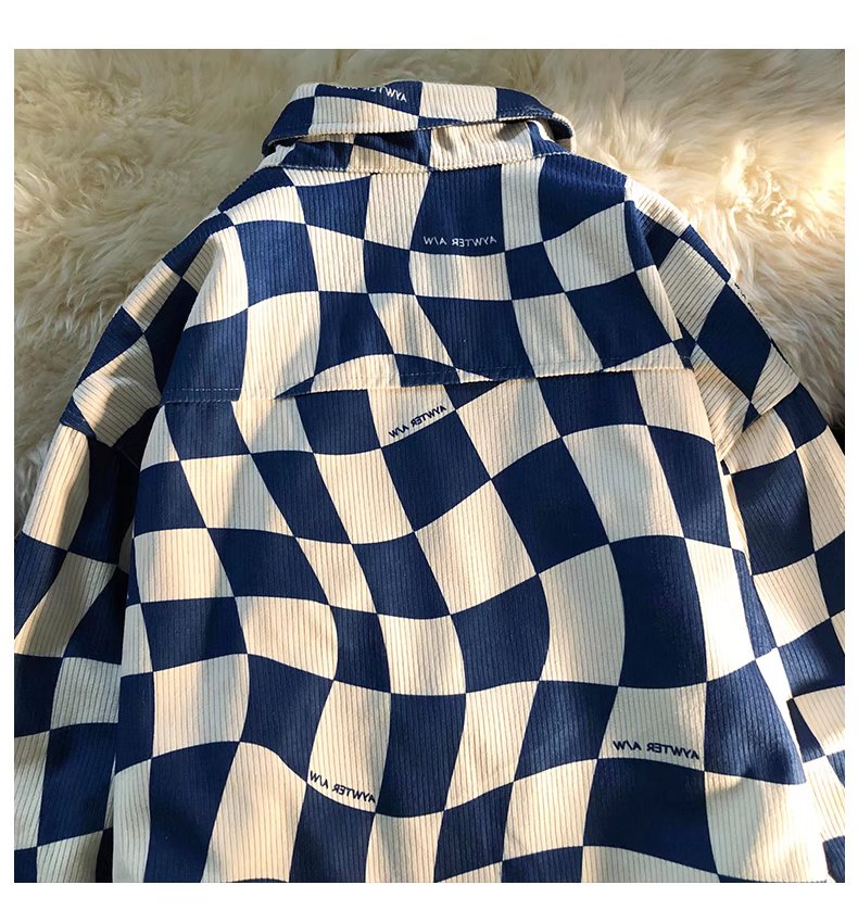 hiphop克莱因蓝棋盘格长袖衬衫男女春薄款宽松港风别致上衣潮蓝色m