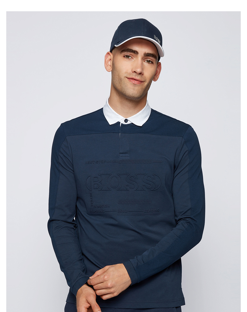 hugoboss雨果博斯男士徽标图案装饰棉混纺长袖polo衫410藏青色eul