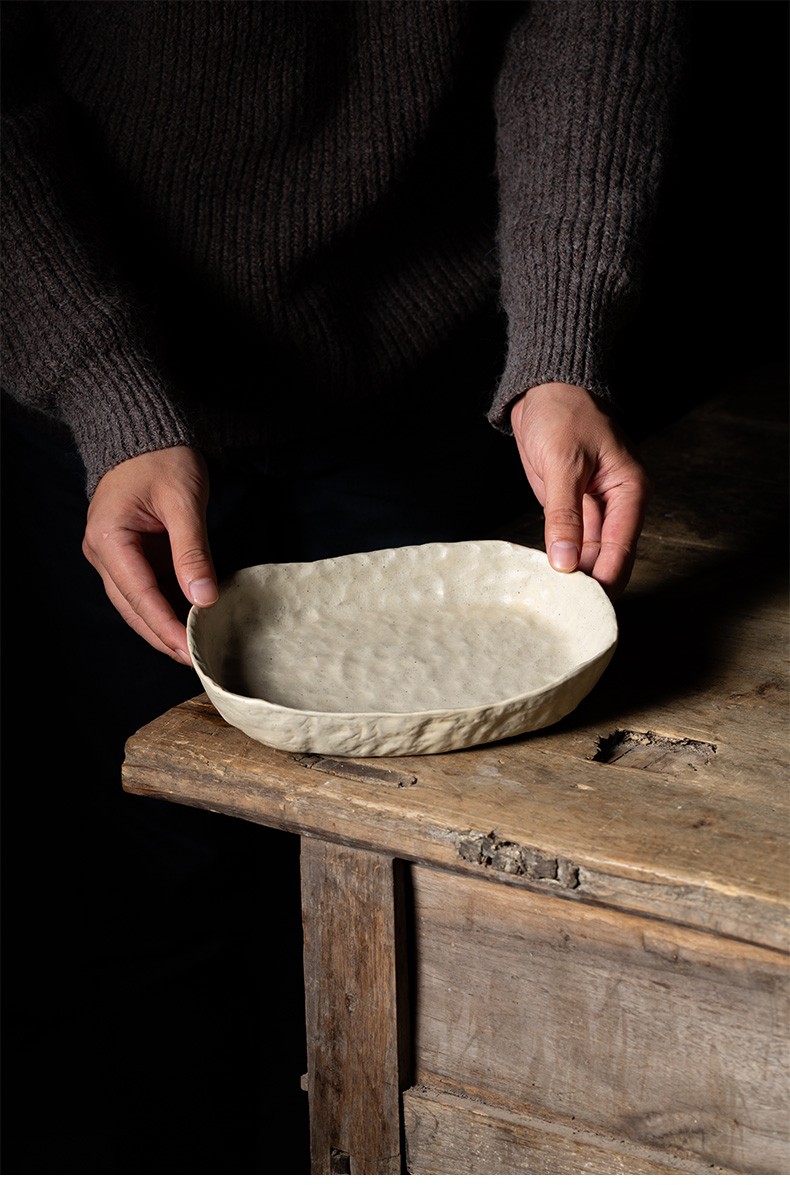 白色粗陶果盘餐具景德镇纯手工捏餐盘果盘碗碟水果摆放粗陶盘子10寸手