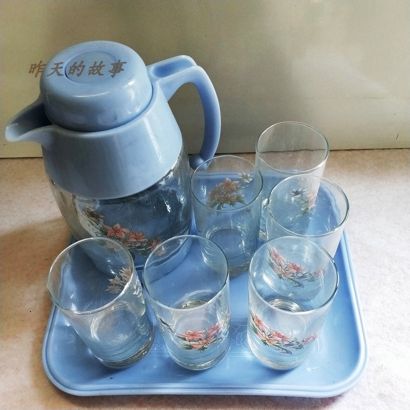 玻璃水杯一套怀旧老库存90年代印花玻璃水具凉水杯一壶5杯一盘一套一