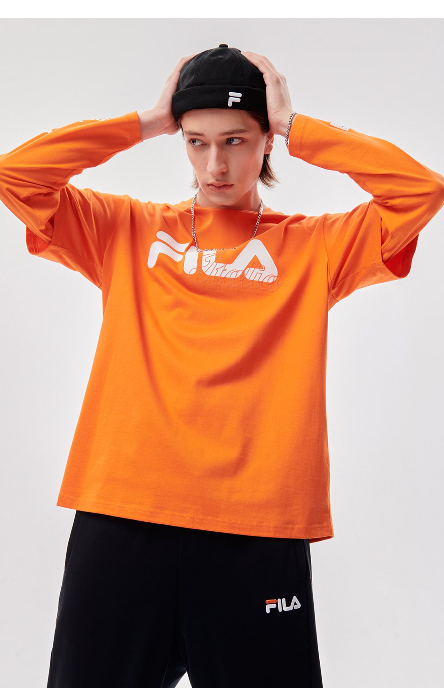 fila fusion斐乐官方潮牌男子长袖t恤运动休闲男士假两件套头上衣圆领