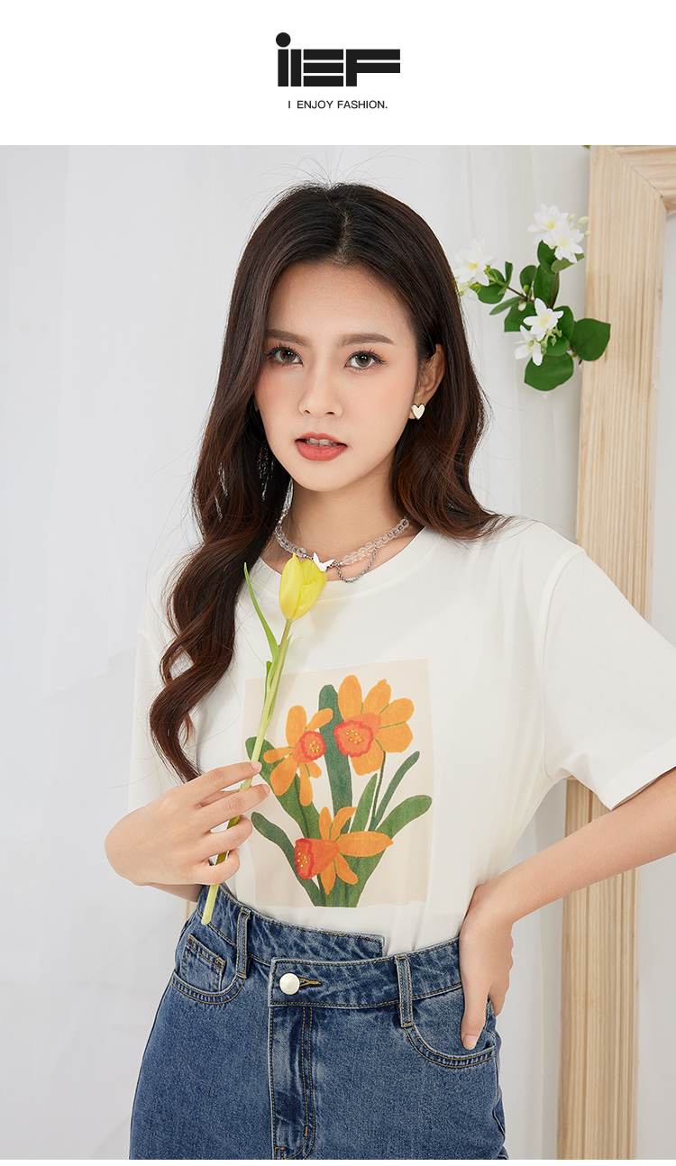 ief/爱依服短袖印花白色t恤女2022年新款夏季宽松上衣小个子夏装3406k