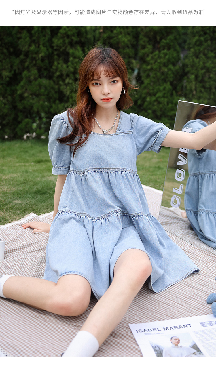 朵以2022夏季新款牛仔连衣裙复古减龄方领可爱玩偶甜美高腰a字裙37vx
