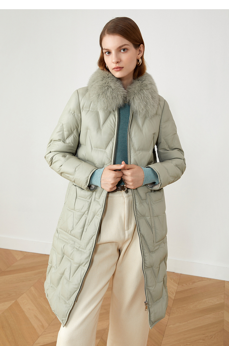 音儿女装2021冬季新款狐狸毛领真皮羽绒服浅绿42