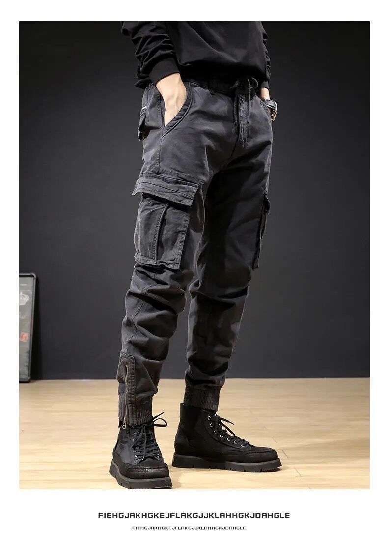 春秋新款休闲工装裤子男工装裤男宽松潮牌百搭休闲潮流拉链开口束脚