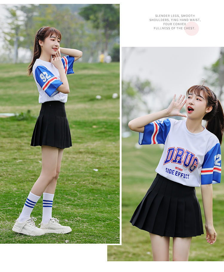 夏季运动会拉拉队服装女初中生高中生篮球女装a白色上衣黑色百褶裙xs