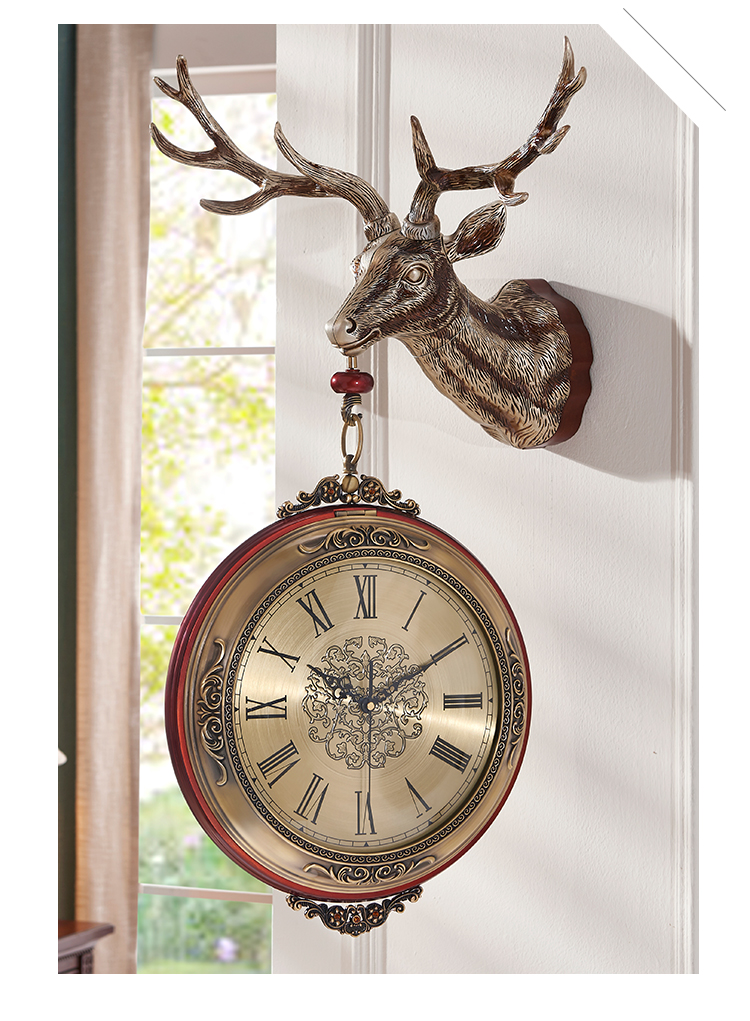 鹿头壁挂时钟双面挂钟酒店客厅样板房间挂件鹿头挂钟铜色款20英寸以上