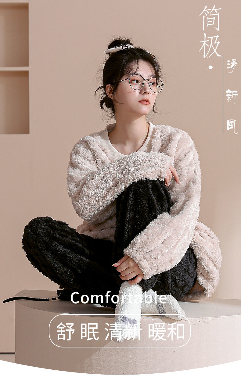 千奈美睡衣女春秋款长袖珊瑚绒冬款学生法兰绒外穿家居服加厚套装主图