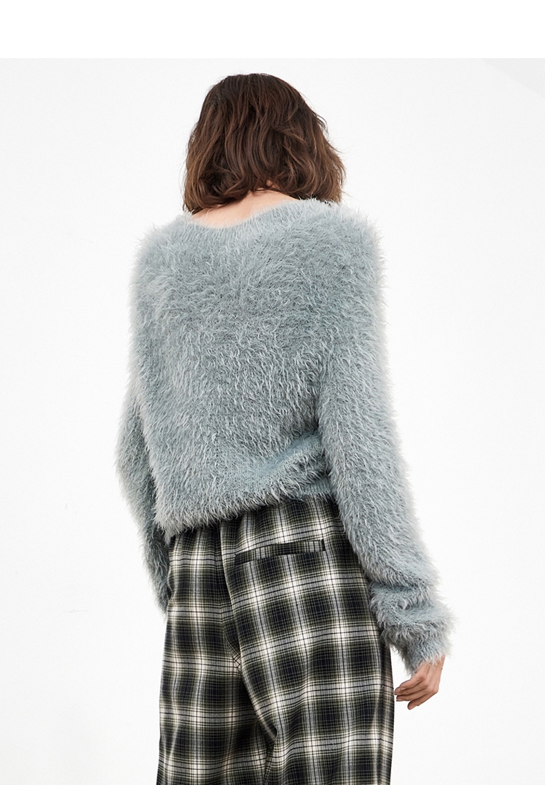 moco2021秋新品丰盈羽毛纱宽松短款毛衣针织开衫 摩安珂 浅蟹灰色 s