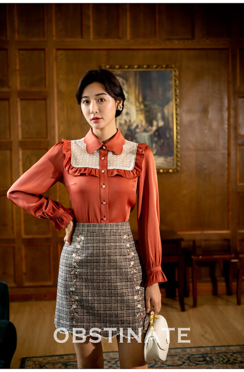 固执2021秋季新款女装设计感蕾丝拼接娃娃领长袖衬衫93113cs06873