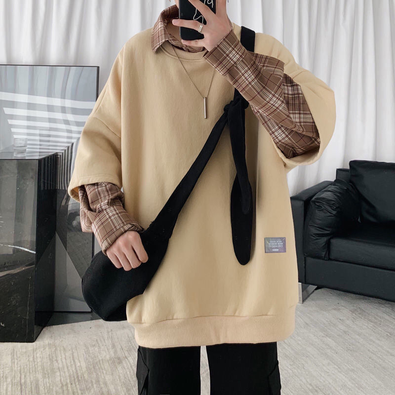 假俩件格子衬衫拼接卫衣男韩版潮流青少年学生宽松加绒上衣外套男加绒