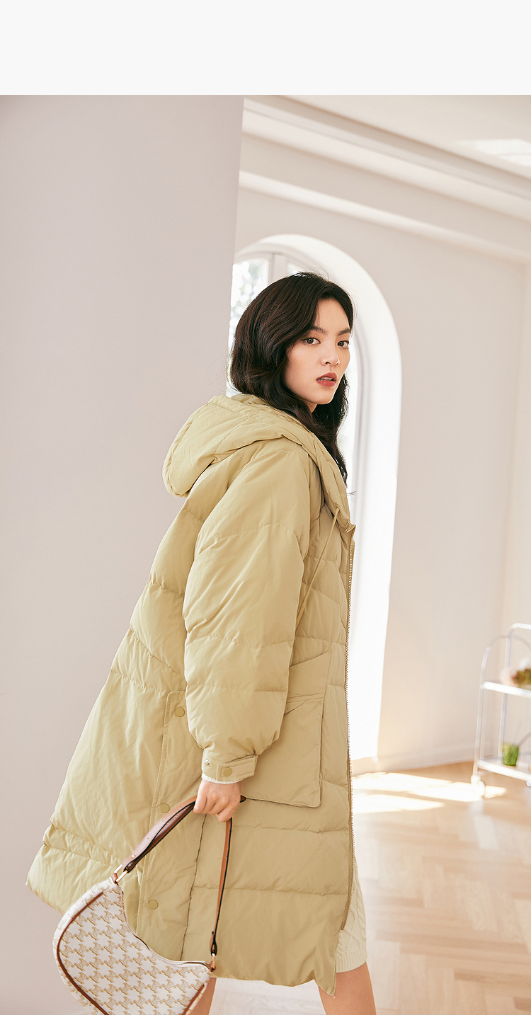 伊芙丽中长款羽绒服女2021秋冬季新款加厚保暖白鸭绒韩版外套
 芥