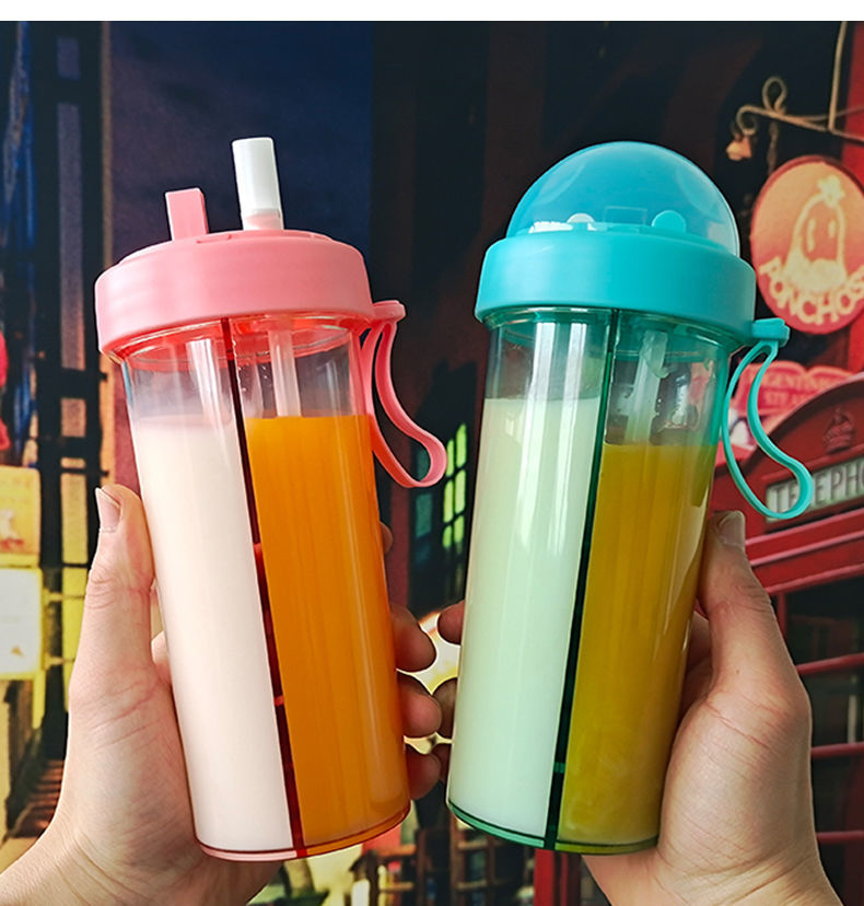 水杯一杯两用儿童可爱创意情侣随手塑料杯子粉色420ml双吸管杯有杯盖