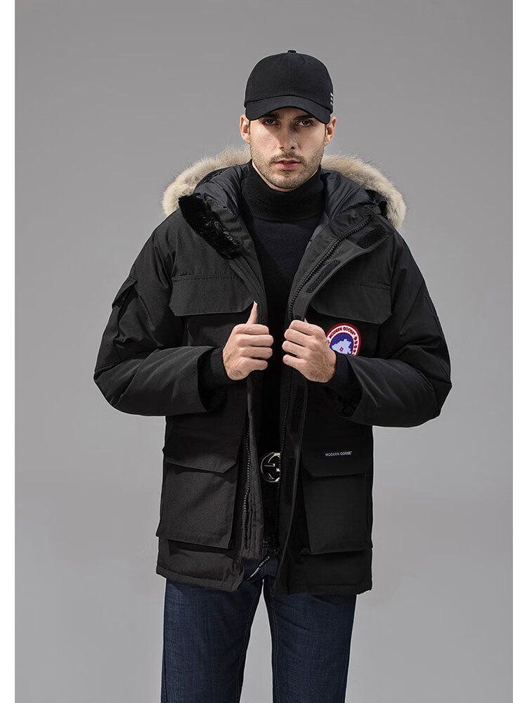 高端加大加厚鹅羽绒服08远征男女中长款情侣工装派克服外套 黑色-男女