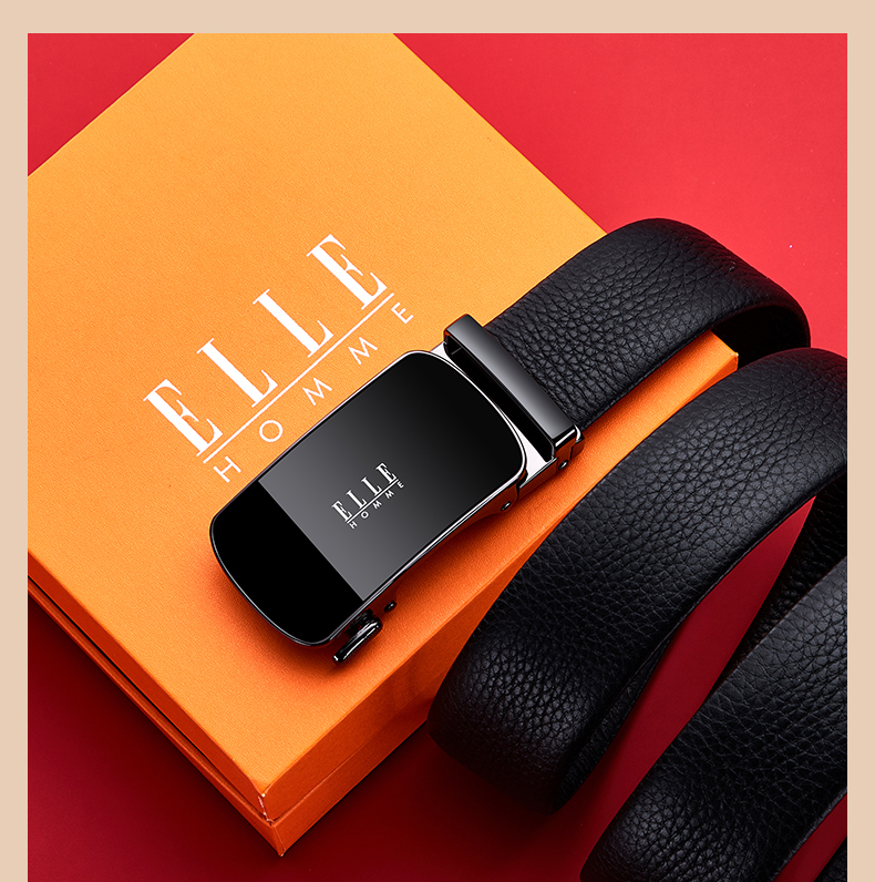 elle homme皮带男自动扣商务男士皮带真皮纯牛皮高档男士腰带生日礼物