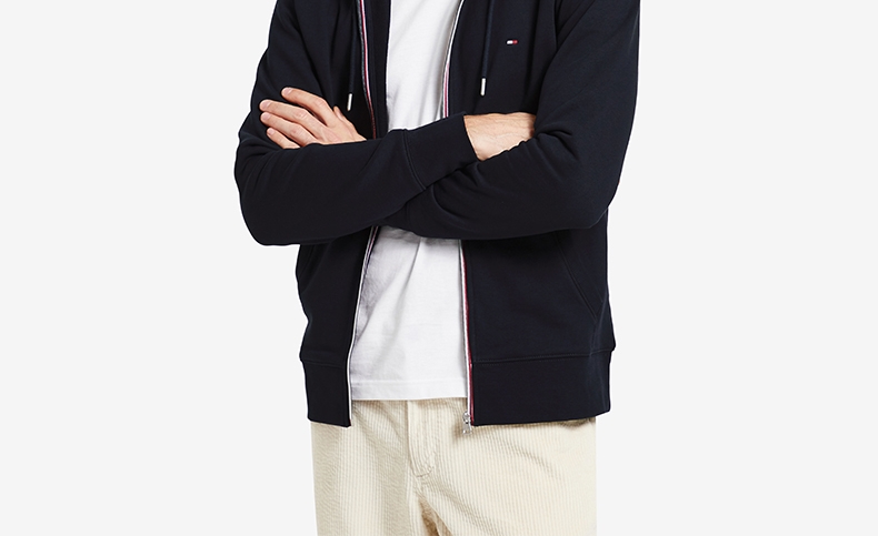 tommy男装时尚简约棉质彩色条纹拉链抽绳连帽卫衣mw0mw08666藏青色dw5