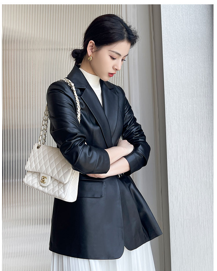 真皮皮衣女中长款系带收腰2021新款海宁西装春秋绵羊皮外套士修身显瘦