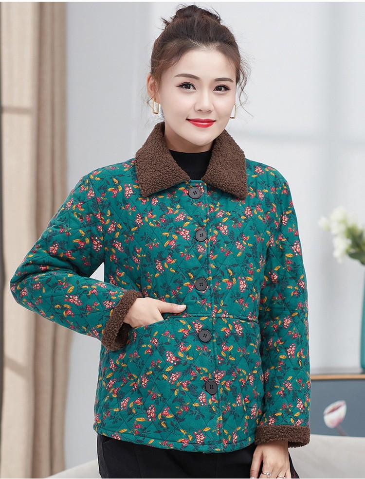 拓昱中老年妈妈棉服时尚休闲宽松小碎花棉衣女老年人棉麻短款棉袄红色