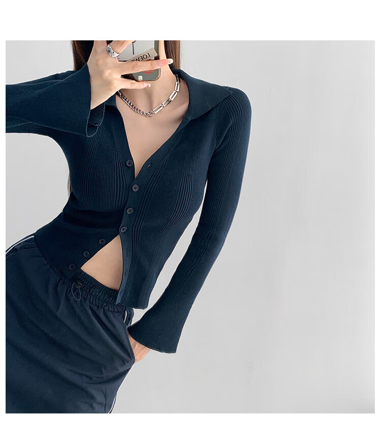 低胸深v毛衣法式翻领开襟单排扣针织开衫女冬修身喇叭袖长袖显瘦上衣
