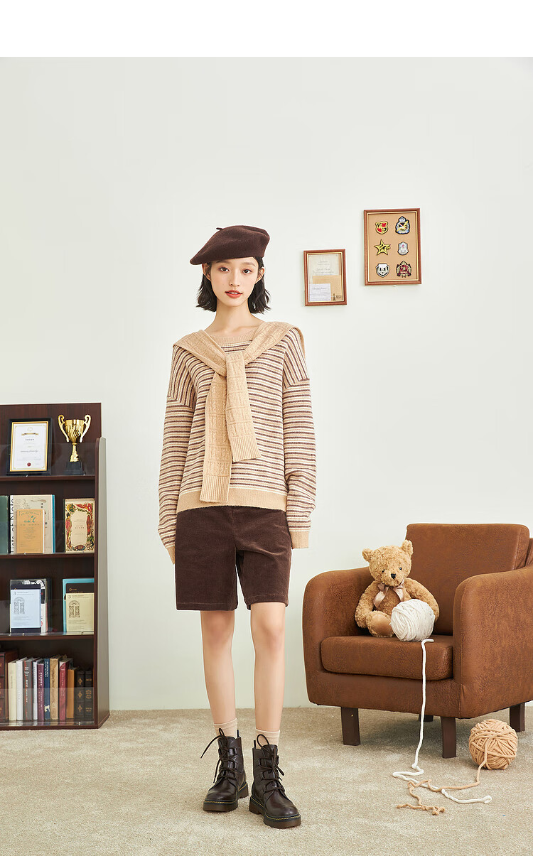 女2021年冬季新款学院圆领套头保暖披肩长袖针织衫女【1814696】 米色