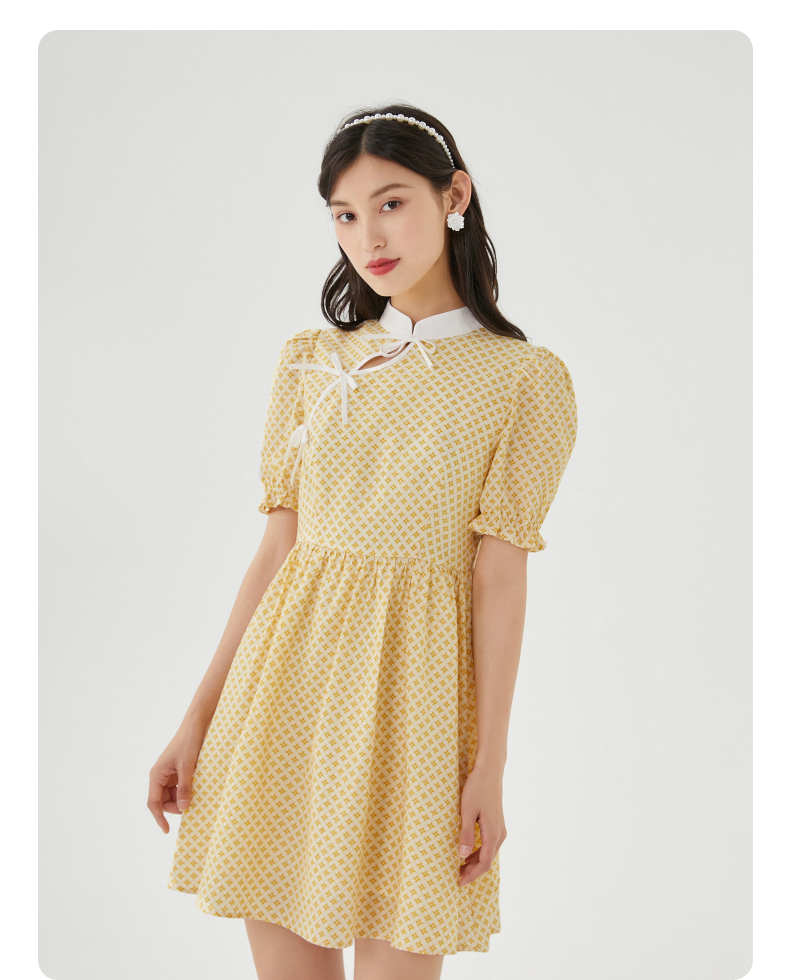 三福连衣裙2022夏季女绑带盘扣满版花纹国风裙子女装455730白底绿花