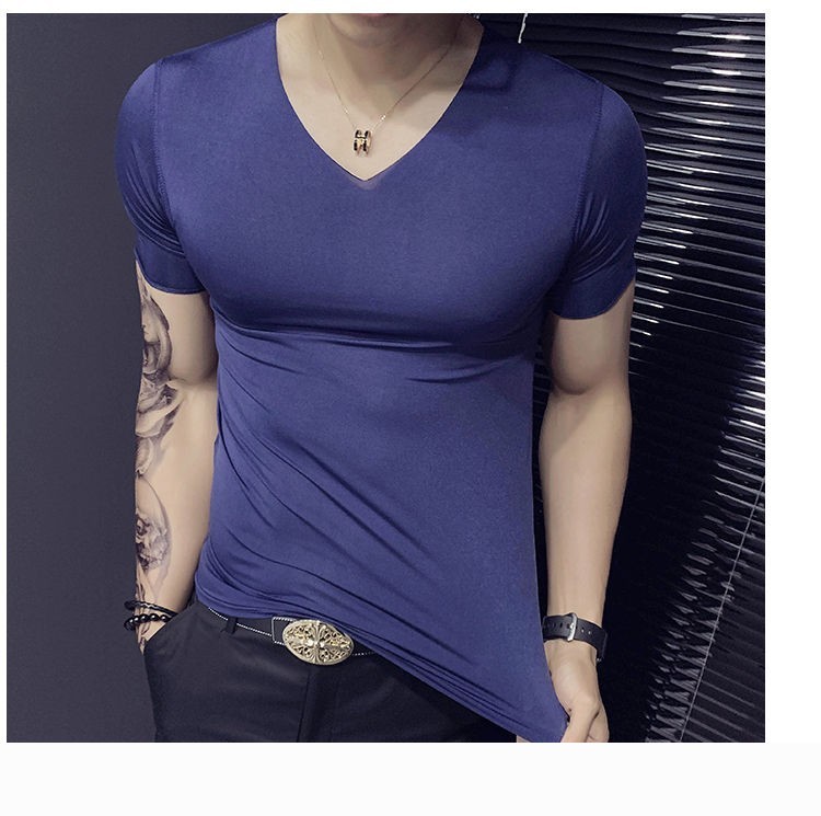 袋鼠男士冰丝无痕t恤男v领短袖修身青年薄款运动紧身夏季半袖打底衫潮