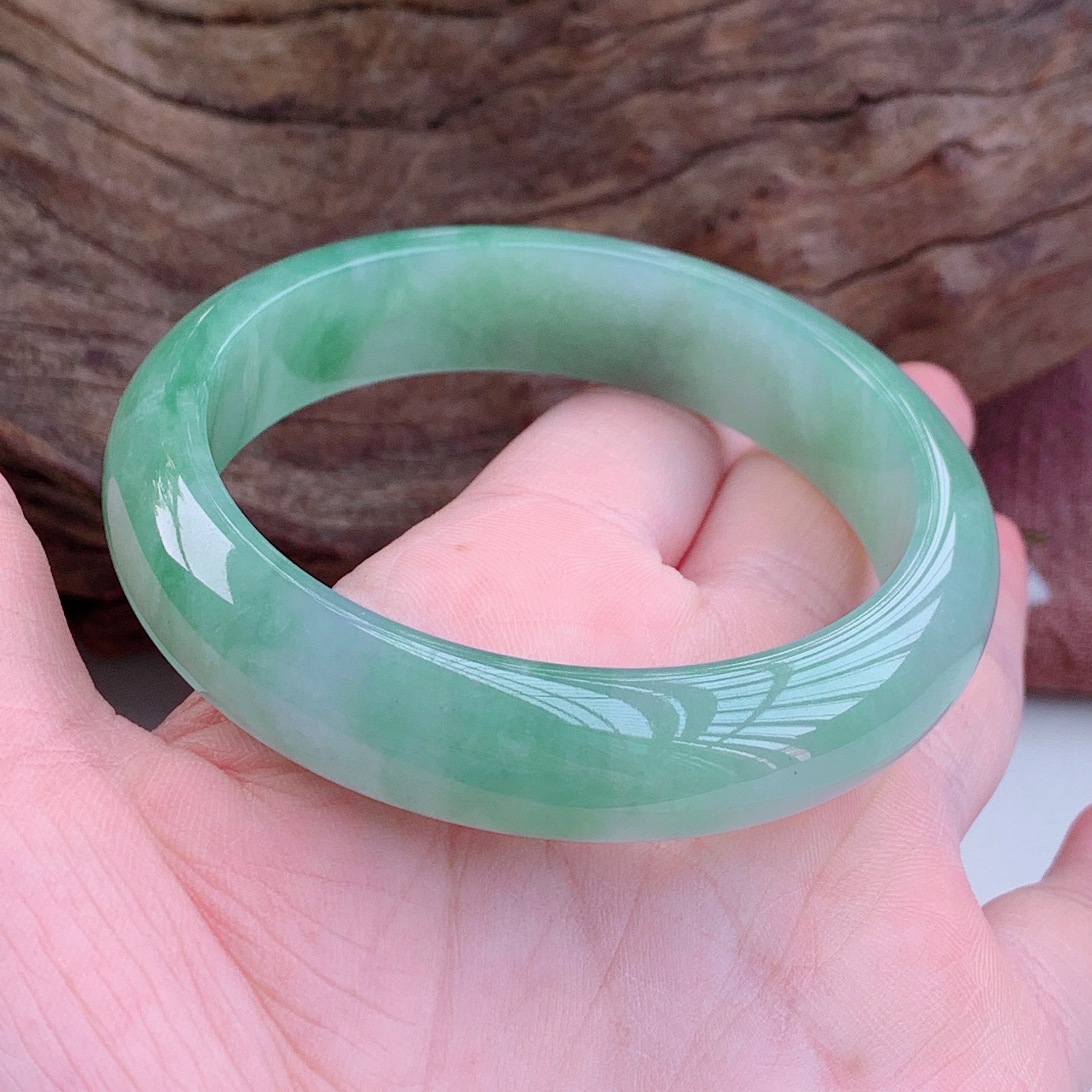 全意琳缅甸翡翠手镯飘绿玉镯子圈玉冰种浅女款冰糯种阳绿60mm