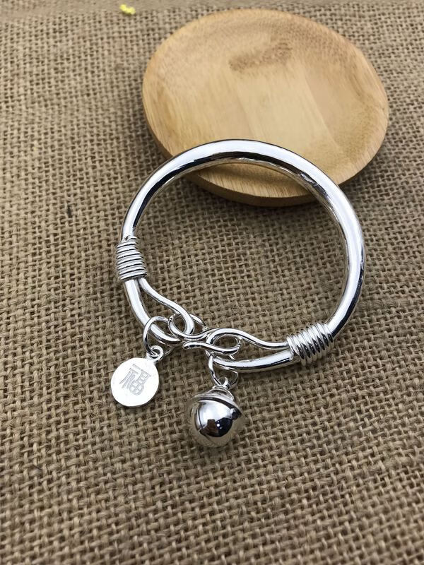 手工雪花银手镯999足银定制实心圆条开口马蹄形白银银镯送女友男友