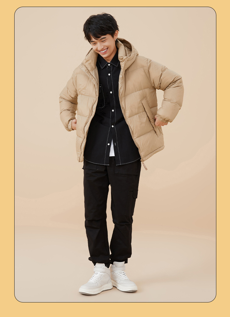 热风2021年冬季新款男士休闲情侣短款连帽面包羽绒服白鸭绒保暖 02