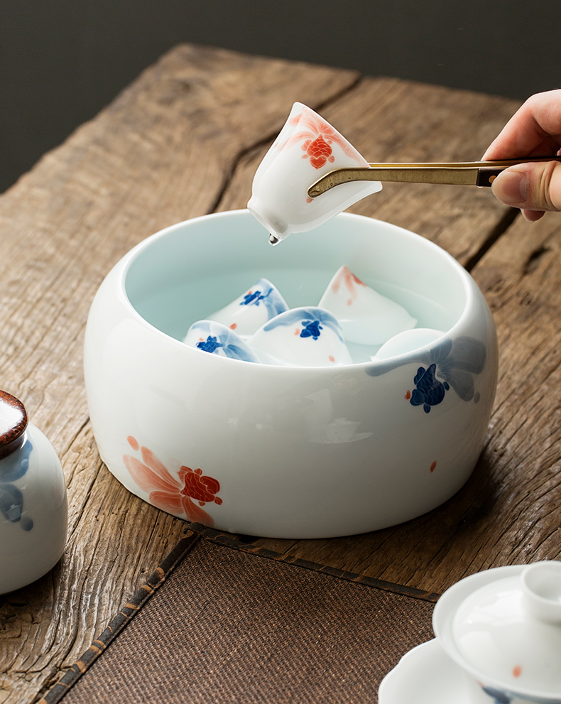 功夫茶具水盂手绘茶洗鱼戏陶瓷茶洗 家用功夫茶具杯洗 大号笔洗水洗