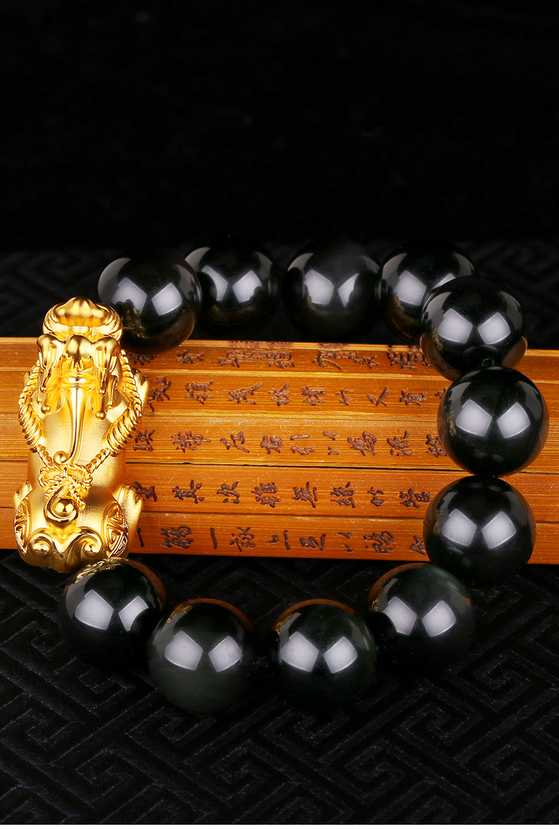 宝凤祥 3d硬金黄金貔貅手串黑曜石手链黄金转运珠金首饰999足金手链送