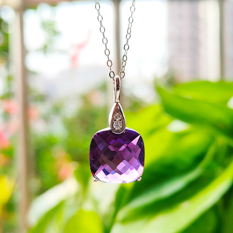 顶盈原创天然紫水晶吊坠s925银链简约时尚方形项链气质女款百搭型首饰