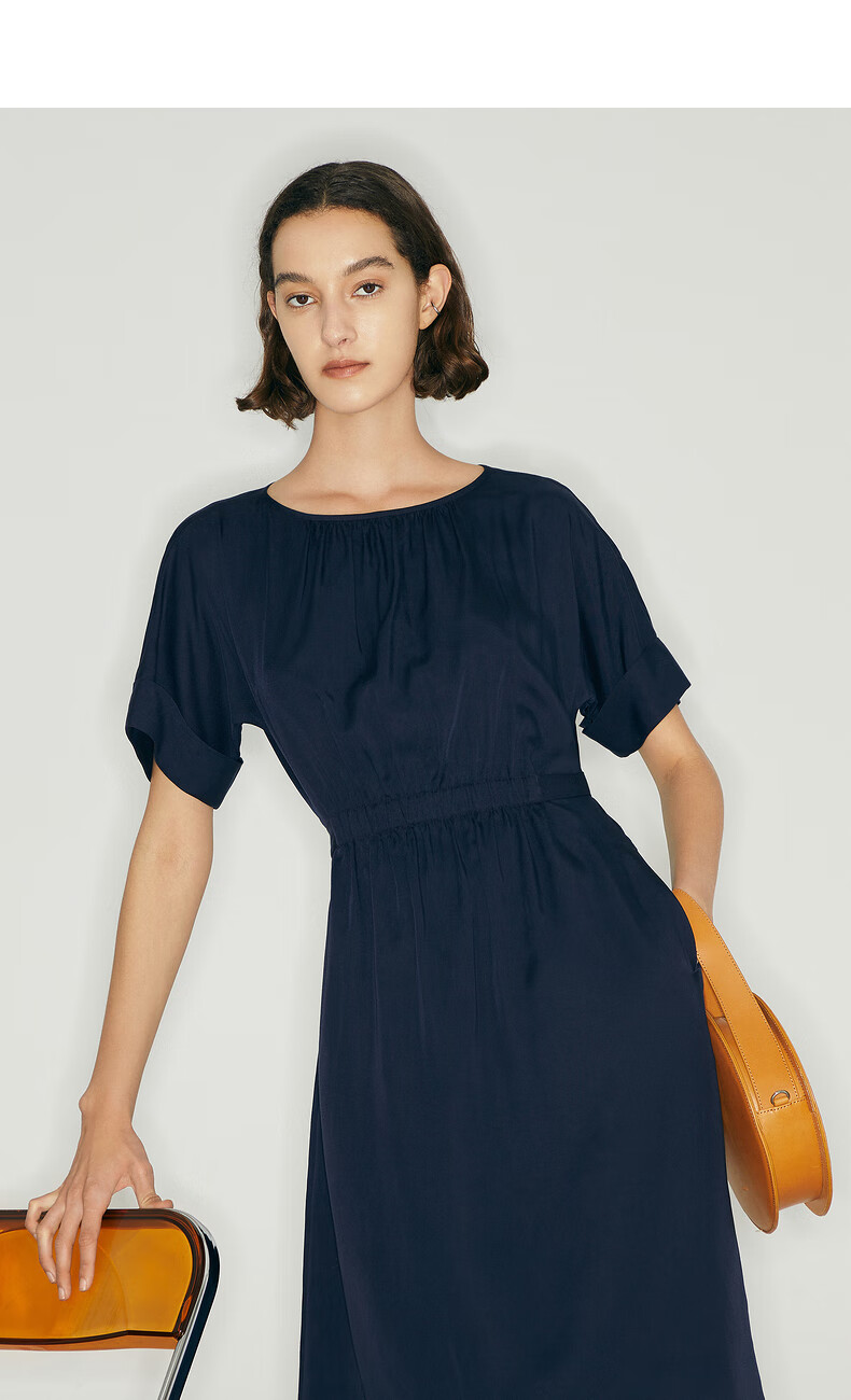 mm麦檬夏季新款裙子女收腰显瘦简约气质连衣裙5c4190261藏蓝15580as