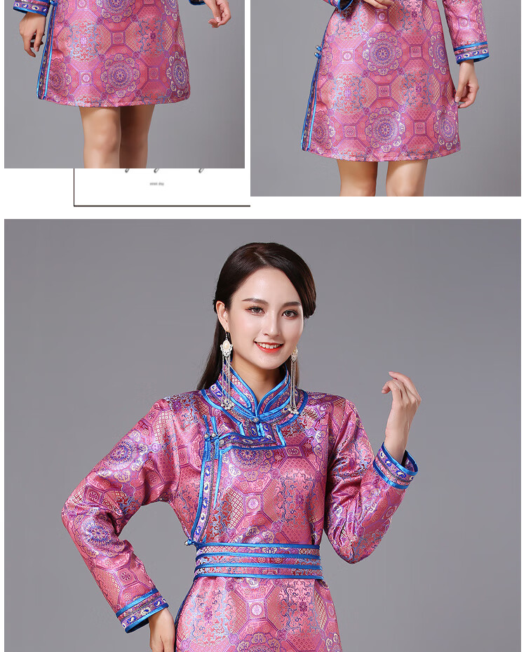 蒙古服装女秋中长传统蒙古袍连衣裙日常生活装民族风舞蹈演出服红色s