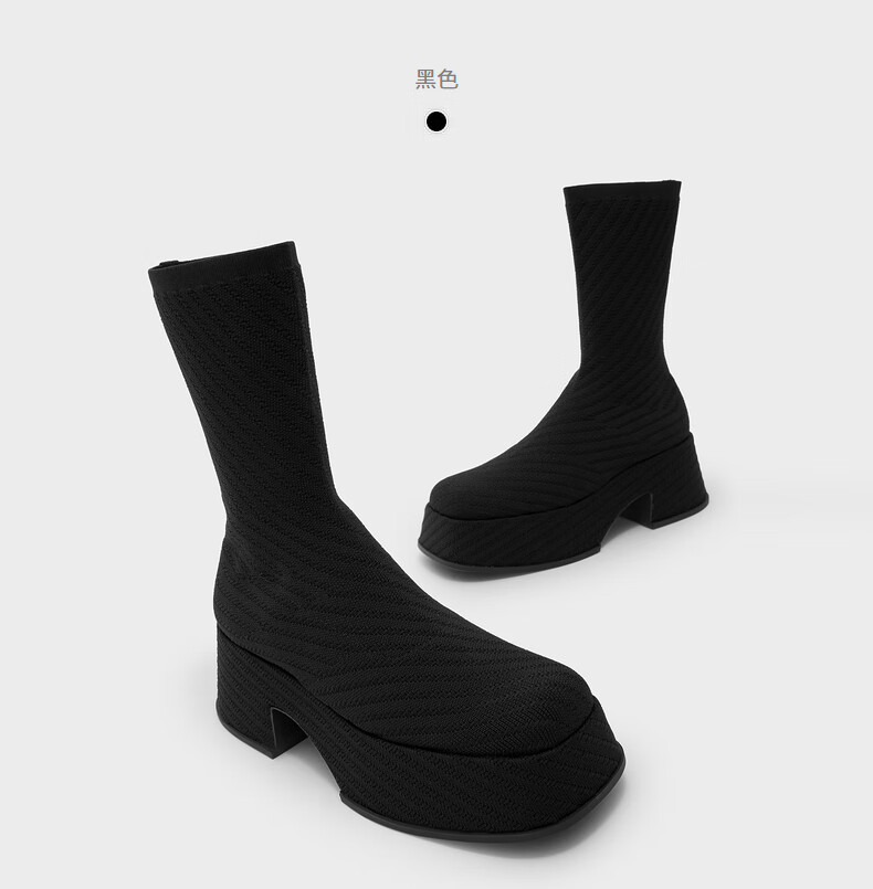 charles&keith21冬季新品ck1-90380119女士飞织厚底高跟袜靴短靴